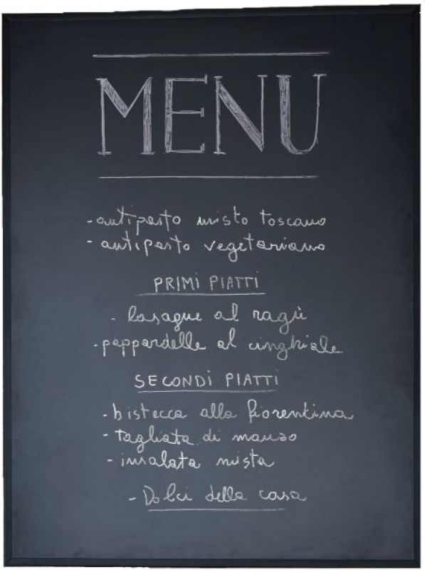 Cartesio Blackboard von Opinion Ciatti: Schwarze Tafel mit handgeschriebenem italienischem Menü für Multimediaständer.